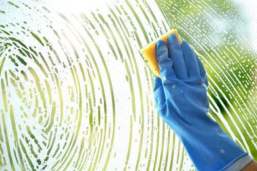 Close-up of oven racks being cleaned with a sponge